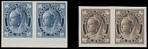 Canada - Queen Victoria ''Maple Leaf'' issue - 1897, plate proofs of 5c dark blue and 6c brown, horizontal imperforate pairs printed on India paper and mounted on cards, first one with bottom margin, no gum as issued, NH, VF, …