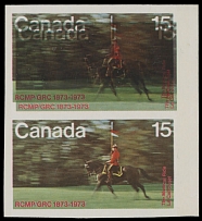 Canada - Modern Errors and Varieties - 1973, R.C.M.P. Musical Ride, 15c multicolored, right margin vertical imperforate pair, top stamp has double impression, full OG, NH, VF and scarce, Unitrade C.v. CAD$900, Scott #614a var…