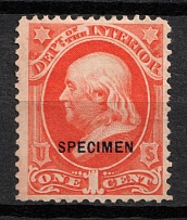 1875 1c Franklin, Special Printing 'Specimen' on Official Mail Stamp 'Interior', United States, USA (Scott O15S, Vermilion, Blue Overprint, CV $60)