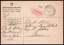 1944 (19 Jun) World War II, Military Internment Camp, Field Post Feldpost, Military Postcard from Messen to Bern (Switzerland)