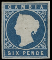 British Commonwealth - Gambia - 1869-71, Queen Victoria, 6p blue and colorless embossing, four-margin single on paper without watermark, large part of OG, previously hinged, VF, C.v. $625, SG #3, C.v. £550, Scott #2a…