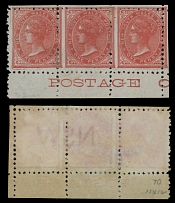 British Commonwealth - Australian State - New South Wales - 1886, Queen Victoria, 1p scarlet, bottom sheet margin imprint horizontal strip of three with misplaced comb perforation 11x12, watermark N S W is on two right stamps …