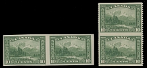 Canada - King George V ''Scroll'' issue - 1928, Mount Hurd, 10c green, horizontal imperforate pair and vertical pair imperforate horizontally, full OG, NH, VF, C.v. $540, Unitrade C.v. CAD$750, Scott #155a, c…
