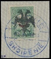 Albania - 1913, handstamped double-headed eagle on 10pa bluish green with additional red overprint, tied on a piece by Vlone ds, mostly VF, expertized by G. Freyse and others, C.v. $650, Scott #2…