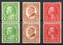 1923-25 Regular Issue, United States, USA, Rotary Press Coil Stamps, Pairs (Scott 604 - 606, MNH)