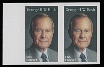 United States - Modern Errors and Varieties - 2019, President George H. W. Bush, Forever (55c) multicolored, self-adhesive stamp in left sheet margin horizontal pair with die cutting omitted, backing paper intact, VF, C.v. $500, …