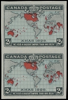 Canada - Imperial Penny Postage - 1898, Map of the British Empire, 2c black, blue and carmine, vertical imperforate pair, balanced margins, no gum as issued, NH, VF, C.v. $450, Unitrade C.v. CAD$700, Scott #86a…