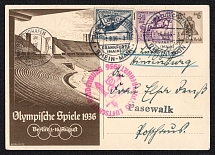 1936 (7 Aug)  'Airship Hindenburg Olympic Trip 1936', Airmail Postcard from Frankfurt am Main to Pasewalk franked with 4+3pf, 40+35pf 'Olympic Games', Propaganda, Third Reich Nazi Germany