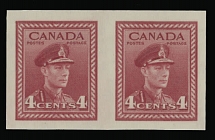 Canada - King George VI issues - 1943, War issue, 4c dark carmine, well margined horizontal imperforate pair, full OG, NH, VF, only 150 pairs were printed, C.v. $400, Unitrade C.v. CAD$600, Scott #254c…