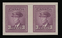 Canada - King George VI issues - 1943, War issue, 3c rose violet, horizontal imperforate pair, nice margins all around, full OG, NH, VF, only 150 pairs possible, C.v. $400, Unitrade C.v. CAD$600, Scott #252d…