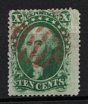 1859 10c Washington, United States, USA (Scott 35, Type V, Red Cancellation, CV $60)