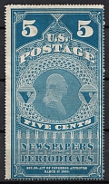1875 5c Washington, Newspaper and Periodical Stamp, United States, USA (Scott PR5, Dull Blue, Signed, CV $230)