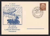 1937 '10 years of the  German Airmail Collectors' Association ', Propaganda Postcard, Third Reich Nazi Germany