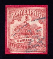 1861 1d Pony Express, Wells, Fargo & Co., United States Locals & Carriers (Sc. #143L3, Certificate, Genuine, Canceled, CV $900)