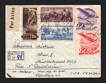 1935 Airmail Registered cover from Moscow 6.7.35 via Berlin to Vienna (Michel Nr. 443,446,464 Y, 466 Y and 497.)