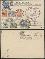 Worldwide Air Post Stamps and Postal History - Peru - Zeppelin Flight - 1932 (October 1-4), 7th SA Return Flight postcard to Germany, mixed franking of five Peruvian and two Brazilian adhesives (one with Zeppelin surcharge), …