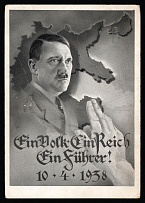 1938 (10 Apr) 'One Nation, One Reich, One Fuhrer', Third Reich, Germany, Postcard from Vienna franked with Mi. 662