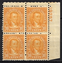 1923 10c Monroe, Regular Issue, United States, USA, Corner Block of Four (Scott 562, Plate Number '19257', CV $60, MNH/MH)