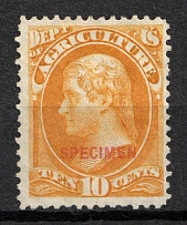 1875 10c Jefferson, Special Printing 'Specimen' on Official Mail Stamp 'Agriculture', United States, USA (Scott O5S, Yellow, Carmine Overprint, CV $400)