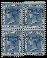 British Commonwealth - Australian State - New South Wales - Official stamps - 1882-85, black ''O S'' overprint on Queen Victoria 2p blue, perforation 11x12, watermark Large Crown and NSW, block of four with a gap of horizontal …