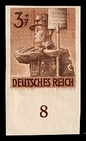 1943 3pf Third Reich, Germany (Mi. 850 U, Imperforate, Margin, Plate Number, CV $150)