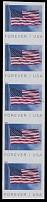 United States - Modern Errors and Varieties - 2019, Flag, Forever (55c) multicolored, vertical strip of five self-adhesive stamps, plate No. B1111, die cutting omitted, backing paper intact, VF and rare, imperf pair is priced …