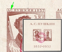 1937 The All-Union Pushkin Fair, Soviet Union, USSR, Souvenir Sheet (Zag. Бл. 1 Kb, Zv. 455a, MISSING Dot after 'A', Canceled, CV $80)