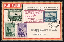 1937 Belgium, Airmail Cover, First Regular French Air Service Europe - Congo - Madagascar via Stanleyville, Brussels - Paris - Stanleyville, franked by Mi. 280, 282, 445, 446