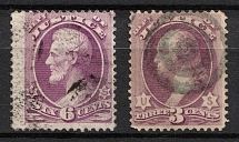 1873 Official Mail Stamps 'Justice', United States, USA (Scott O27, O28, Purple, Canceled, CV $80)