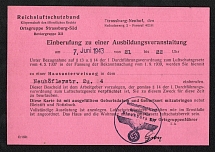 1943 (7 Jun) Convocation Card to the Training Event of the Reich Air Raid Protection Association in Strasbourg-Neuhof, Third Reich, Germany, German Occupation of France