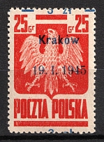 1945 3zl on 25gr Republic of Poland (Fi. 350 var, 'Krakow', SHIFTED Overprint)