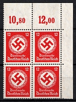 1934 12pf Third Reich, Germany, Official Stamps, Block of Four (Mi. 138 a, Black-Pink, Variety of Color, Corner Margin, Plate Numbers, CV $120, MNH)