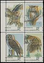 United States - Modern Errors and Varieties - 1978, Wildlife Conservation, Owls, 15c x4 multi, top left corner margin se-tenant block of four, black and brown engraved colors are strongly shifted to the left, full OG, NH, VF and …