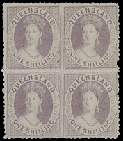 British Commonwealth - Australian State - Queensland - 1874, Queen Victoria, 1s violet, perforation 13, watermark Small Truncated Star, block of four, full OG, NH or VLH (top stamps), middle perforation shifted to the left, F/VF …