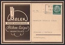 1938 (Oct 26) Advertising card with postmark of the BOHMISCH-LEIPA provisional office (Ceskе Lipa). Addressed to BRAUNAU. Occupation of Sudetenland, Germany