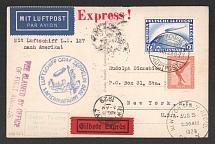 1929 (31 Jul) Germany, Graf Zeppelin airship Express airmail postcard from Friedrichshafen to New York (United States), Flight to North America 1929 'Friedrichshafen - Lakehurst' (Fee handstamp, Sieger 27 A, CV $100)