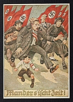 1938 'Anti Semitic - It's about Time!', Swastika, Germany, Original Anti-Semitic and Anti-Schuschnigg Postcard, Mint