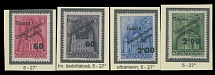 Carpatho - Ukraine - The Second Uzhgorod issue - 1945, Churches and Cathedrals, black surcharges ''60''/30f - ''2.00''/70f, complete set of four, all with surcharges of type 5 at 27 degree angle, full OG, NH, VF, all stamps …