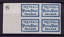 Teese & Co Penny Post Philad'a, United States Locals & Carriers, Block of Four (Old Reprints and Forgeries)