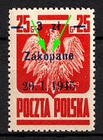 1945 3zl on 25gr Republic of Poland (Fi. 357 B8,  'Zakopane', Thick 'o' and Thin 'p', MNH)