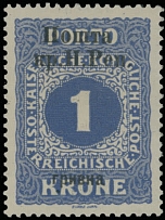 Western Ukraine - 4th Stanyslaviv issue - The 8th Set - 1919, black surcharge ''hryvna'' on Austrian due stamp of 1kr blue, missing ''U'' in ''Ukr'' variety (position 21), full OG, previously hinged, VF and rare, expertized by J. …