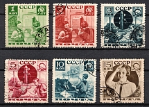 1936 Pioneers Help to the Post, Soviet Union, USSR, Russia (Zv. 439 A - 444 A, Full Set, Perf. 13.25, Canceled)