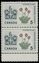 Canada - Modern Errors and Varieties - 1966, Pitcher Plant and Arms of Newfoundland, 5c multicolored, carmine color printed twice, bottom margin (gutter selvage) vertical pair from positions 41-46 with ''broken stamen'' on top …