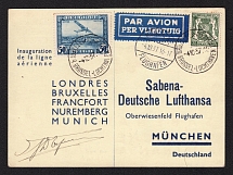 1937 (4 Oct) Belgium, Airmail postcard from Brussels to Munich (Germany) flight London - Munich with Pilot Signature