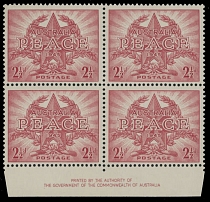 British Commonwealth - Australia - 1946, Peace issue, 2½p scarlet, bottom sheet margin imprint block of four, printed on paper without watermark, full OG, NH, VF and rare, reportedly only 4 imprint blocks exist, NPC certificate, …