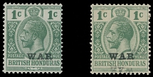 British Commonwealth - British Honduras - War Tax stamps - 1917, two stamps with black overprint ''WAR'' on 1c green, first one with reversed watermark Multiple Crown CA, the other one has double (one inverted) overprint, both …