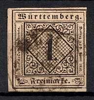 1851 1kr Wurttemberg, German States, Germany (Mi. 1, Signed, Canceled, CV $170)