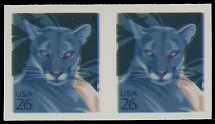 United States - Modern Errors and Varieties - 2007, Florida Panther 26c multicolored, self-adhesive horizontal pair of coil stamps with die cutting omitted, printed on prephosphored coated paper, backing paper intact, VF, C.v. …