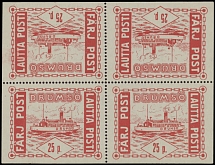Finland - Ship Mail - 1915, Drumso, Ferry Post, 25p red, complete sheet of four, containing two vertical tete-beche pairs, perforation 11½ cross centrally and imperforate at sides, full OG, NH, VF, Lape #30 var, Est. $300-$400…