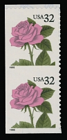 United States - Modern Errors and Varieties - 1995, Rose, 32c pink, green and black, vertical pair self- adhesive booklet stamps, imperforate at left and with die cutting omitted between stamps, backing paper intact, VF, C.v. …